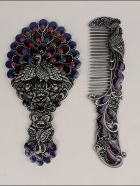 Peacock Carved Metal Hand Mirror & Comb Set - Purple Accent